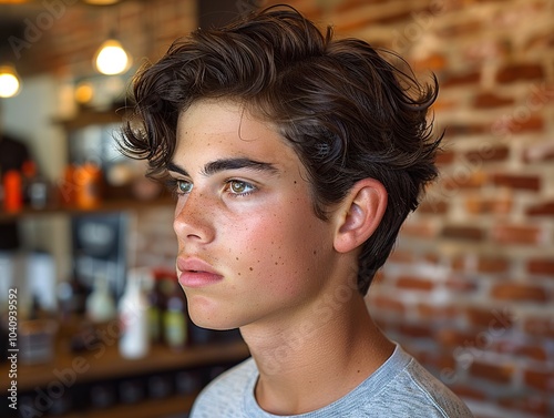 Portrait of a Young Man with Wavy Hair and Green Eyes