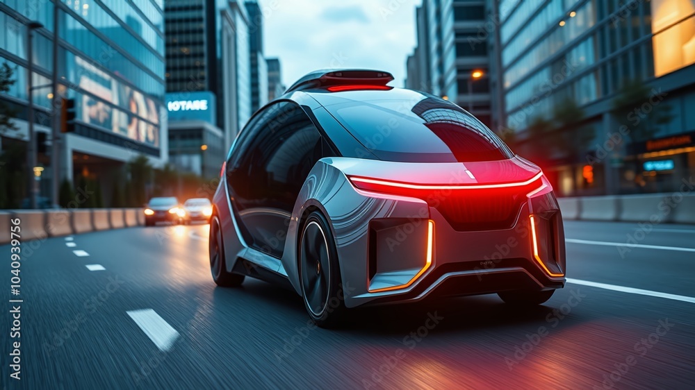 A sleek and futuristic vehicle navigates a metropolitan road, equipped with advanced sensors and lidar technology, A sleek and futuristic vehicle navigates a metropolitan road, equipped with advanced sensors and lidar technology,