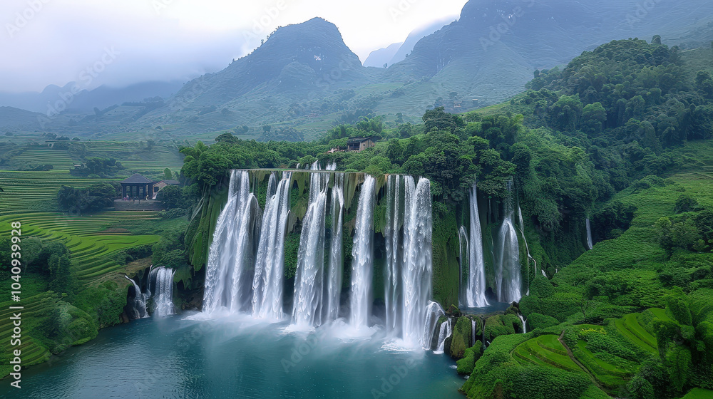 Fototapeta premium Majestic waterfalls cascade down lush green cliffs, surrounded by vibrant vegetation and misty mountains. This serene landscape captures beauty of natures wonders