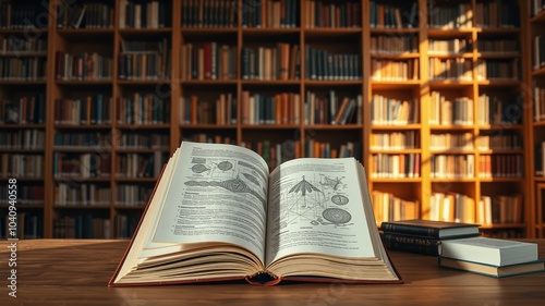 Double Exposure Photography of a Workplace with Notebook and Library Bookshelf Background