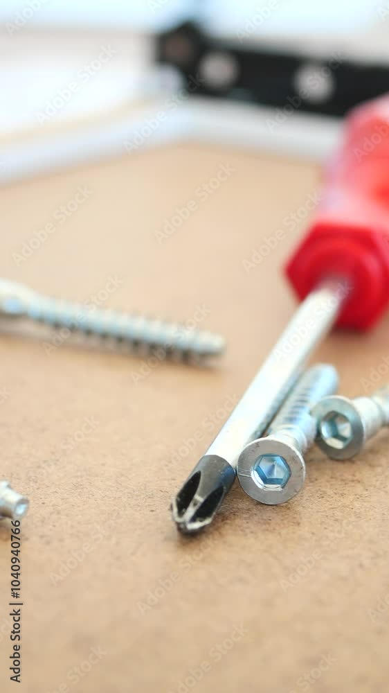 A CloseUp Observation of a Vibrant Red Screwdriver and Various Screws Resting on a Wooden Surface A CloseUp Observation of a Vibrant Red Screwdriver and Various Screws Resting on a Wooden Surface