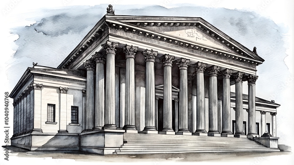 Fototapeta premium Black and White Watercolor of a Courthouse with Majestic Columns, Close-Up View