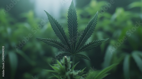 A single cannabis leaf in focus with blurred background of other cannabis plants.