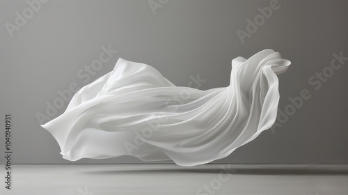 flowing white fabric gracefully drapes in mid air, creating elegant and serene atmosphere. soft texture and smooth curves evoke sense of calm and beauty