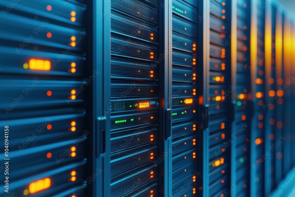 A detailed view of an illuminated server rack, showcasing multiple servers housed within a data center, emphasizing technology and connectivity. A detailed view of an illuminated server rack, showcasing multiple servers housed within a data center, emphasizing technology and connectivity.