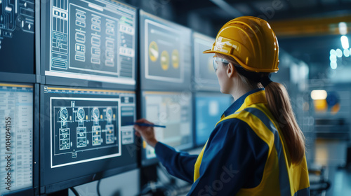 female electrical engineer is focused on testing circuits while interacting with multiple screens displaying technical diagrams and data. Her concentration reflects importance of precision in her