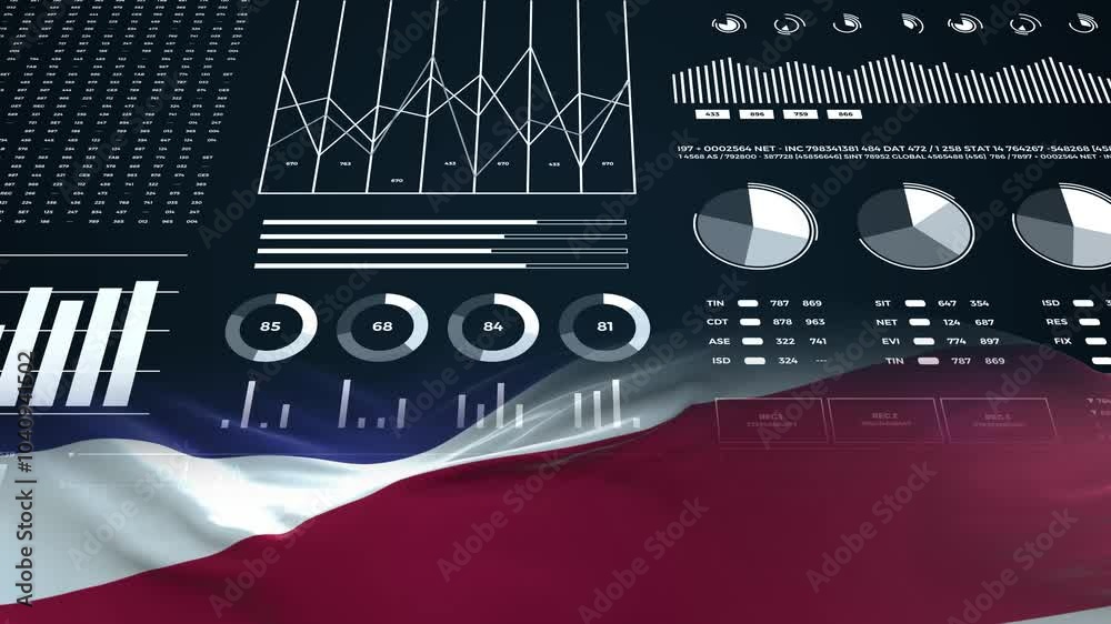 Costa Rica flag - Waving flag on report analytics data statement Costa Rica flag - Waving flag on report analytics data statement