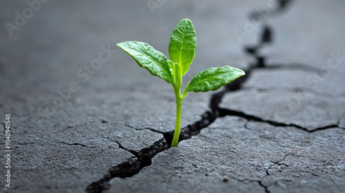 young plant emerges from cracked, dry ground, symbolizing resilience, growth, and hope. Represents the birth of a new business from humble beginnings, overcoming challenges, and thriving in adversity photo