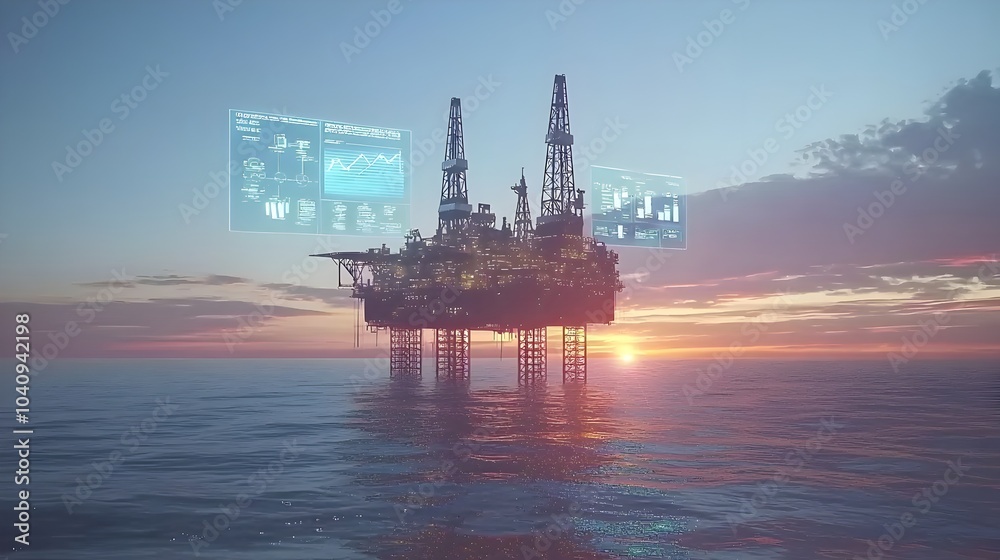 Futuristic oil rig platform at sunset with holographic displays showing real time extraction rates machinery performance and pressure control systems floating above the offshore industrial facility Futuristic oil rig platform at sunset with holographic displays showing real time extraction rates machinery performance and pressure control systems floating above the offshore industrial facility