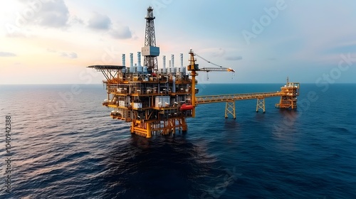 Aerial perspective capturing the complex and infrastructure of an offshore oil rig surrounded by a fleet of supply vessels facilitating the extraction transportation