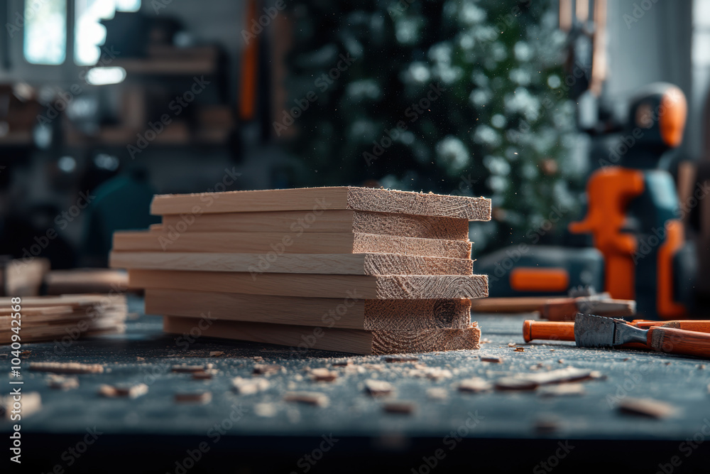 Craftsmanship shines in this carpentry workshop, showcasing neatly stacked wooden planks surrounded by tools and wood shavings. atmosphere is filled with creativity and precision