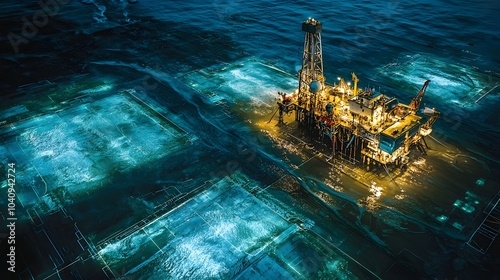 Futuristic oil field drilling rig in the middle of a natural landscape equipped with advanced holographic interfaces that display real time data on extraction status reservoir mapping