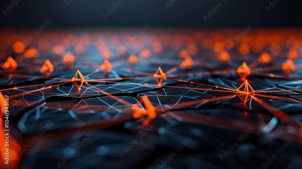 Futuristic digital web of glowing points and lines creates mesmerizing visual effect. intricate network of shapes and colors evokes sense of advanced technology and innovation