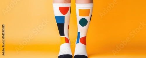 Quirky kneehigh socks with bright patterns, closeup of legs, fun National Sock Day, 3D illustration photo