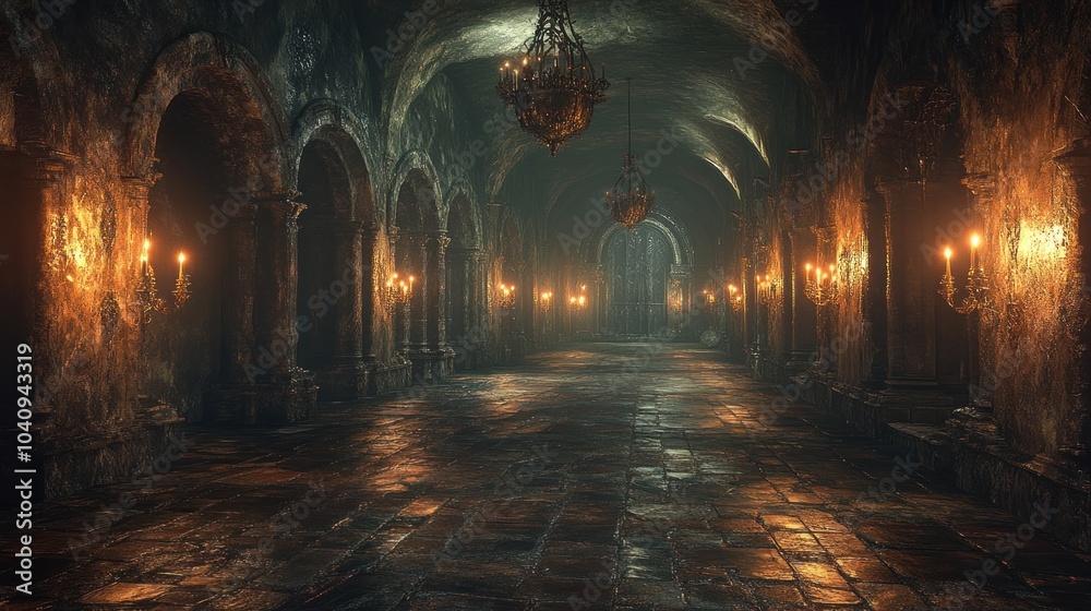 Dark, atmospheric corridor with stone arches and flickering lights. Dark, atmospheric corridor with stone arches and flickering lights.