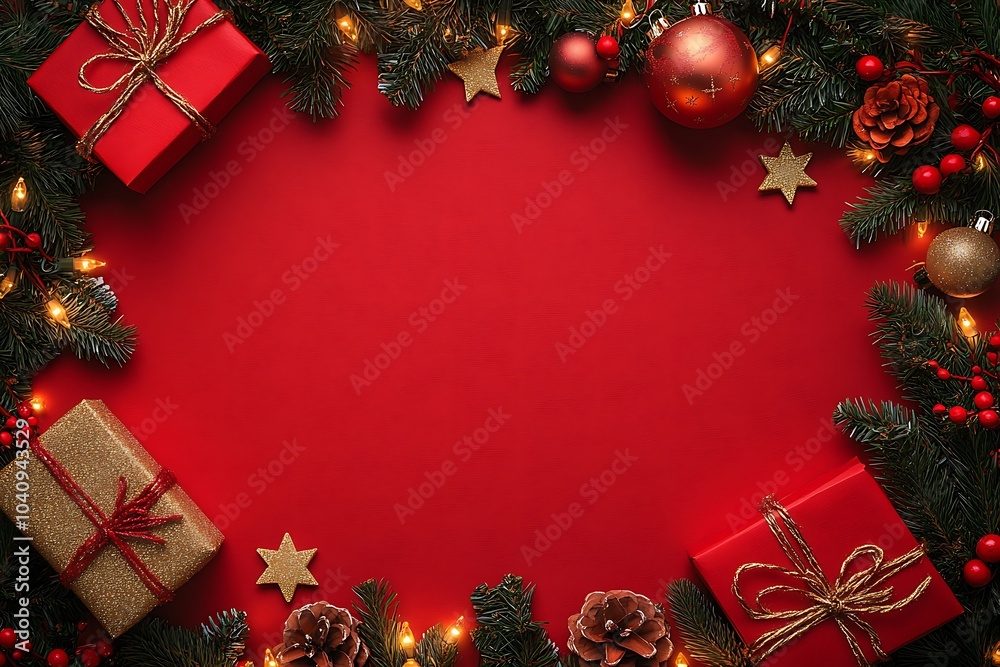 Christmas background with gifts, fir branches, and decorations on a red banner for Christmas Christmas background with gifts, fir branches, and decorations on a red banner for Christmas
