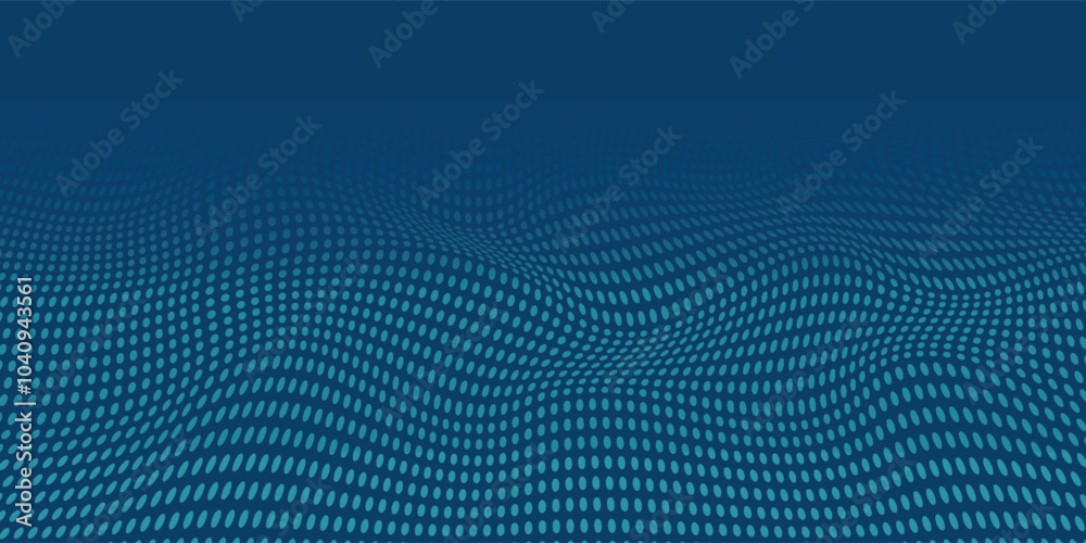 Fototapeta premium Dark blue halftone dotted abstract background, big data pattern, technology or futuristic visualization, waveform dot texture, music backdrop.