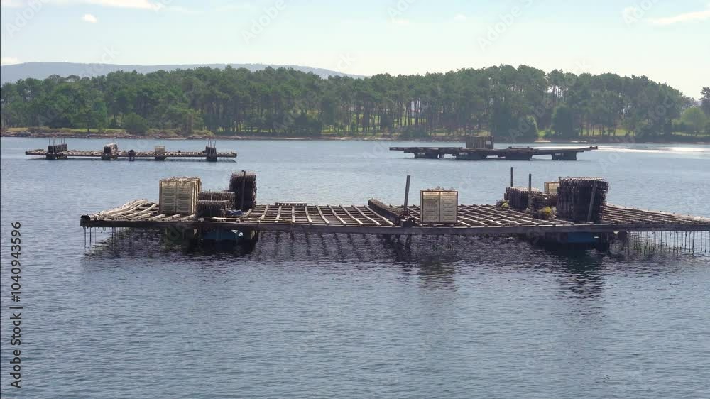 Mussel rafts on the sea by La Toja island, Spain. Mussel rafts on the sea by La Toja island, Spain.