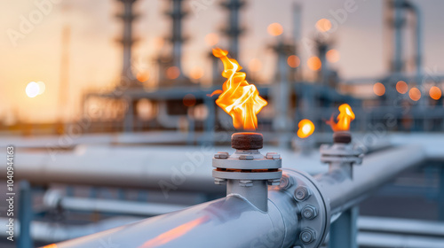 Gas flaring at oil refinery showcases flames rising from pipes against sunset backdrop, highlighting industrial processes and energy production