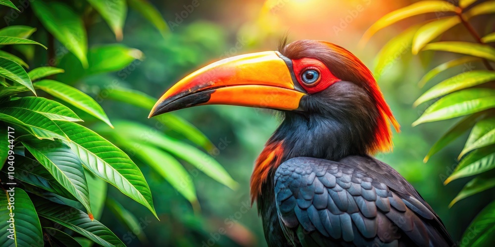 Fototapeta premium Vibrant Hornbill Silhouette Among Lush Greenery â€“ Wildlife Beauty Captured in Nature's Palette