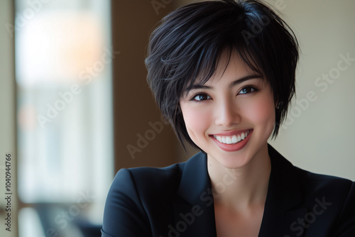 Portrait of a Smiling Young Asian Woman with Short Black Hair Wearing a Black Blazer, Looking Directly at the Camera
