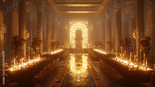 Futuristic Renaissance Banquet: Elegant Dinner Among Holographic Displays and Glowing Decorations in 3D Render