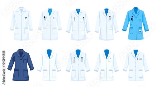 Collection of various medical lab coats on a white background, showcasing different styles and colors.