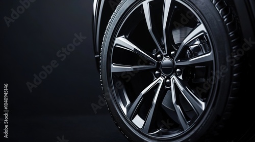 Close-up of a black alloy wheel on a car against a dark background.