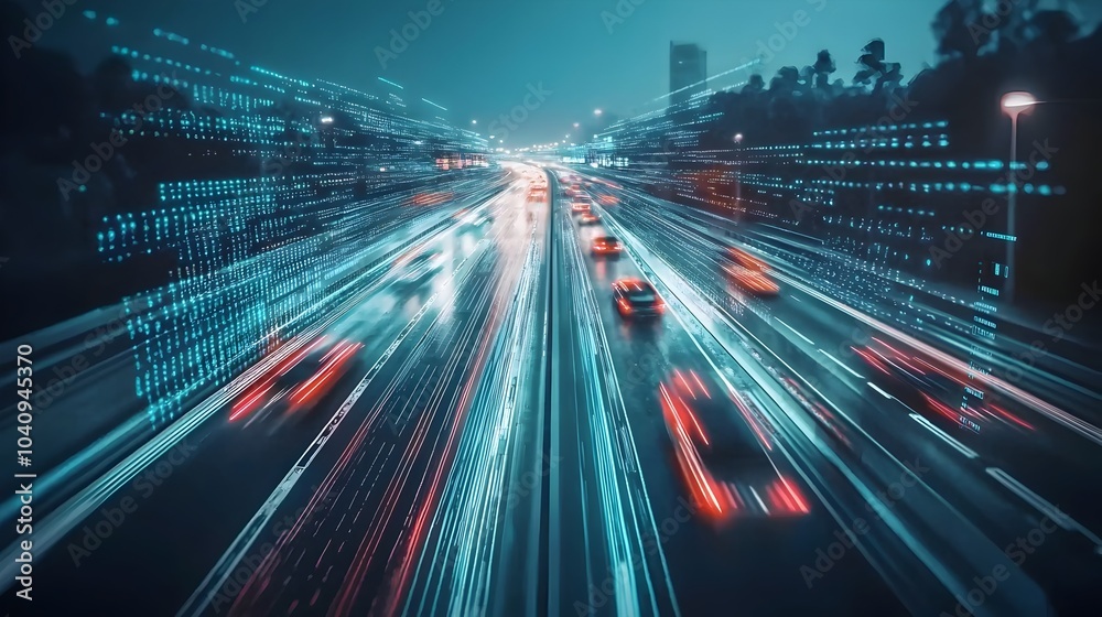 Futuristic smart road showcasing autonomous vehicles and real time holographic displays of traffic data route optimization and speed monitoring Futuristic smart road showcasing autonomous vehicles and real time holographic displays of traffic data route optimization and speed monitoring