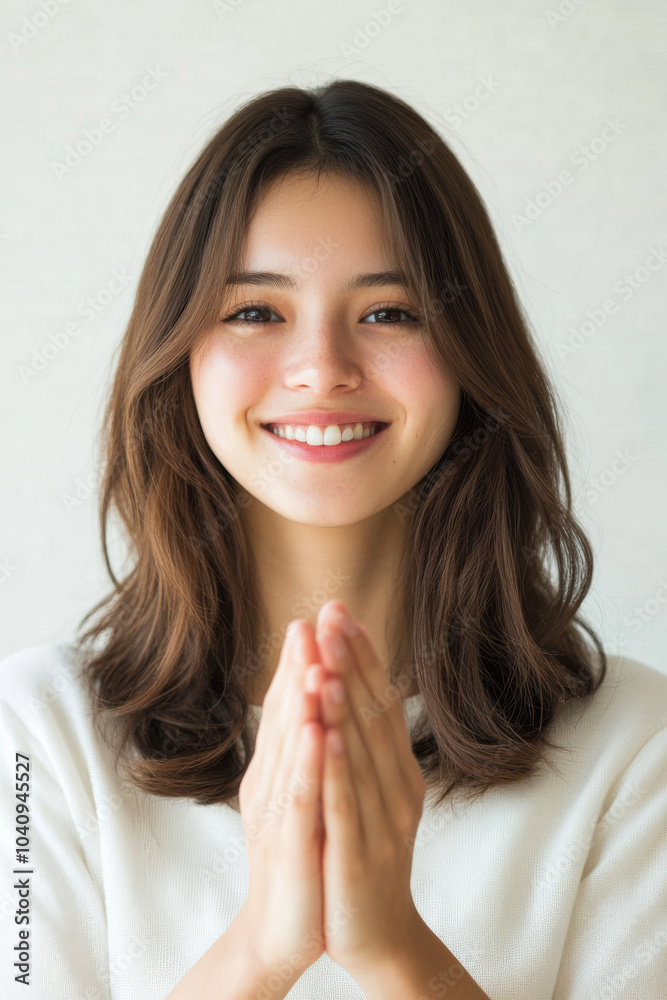 A young woman with long, wavy hair smiles warmly with her hands together in gesture of gratitude. Her expression radiates positivity and joy A young woman with long, wavy hair smiles warmly with her hands together in gesture of gratitude. Her expression radiates positivity and joy