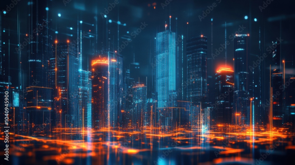 Futuristic cityscape with glowing skyscrapers and digital elements. Futuristic cityscape with glowing skyscrapers and digital elements.