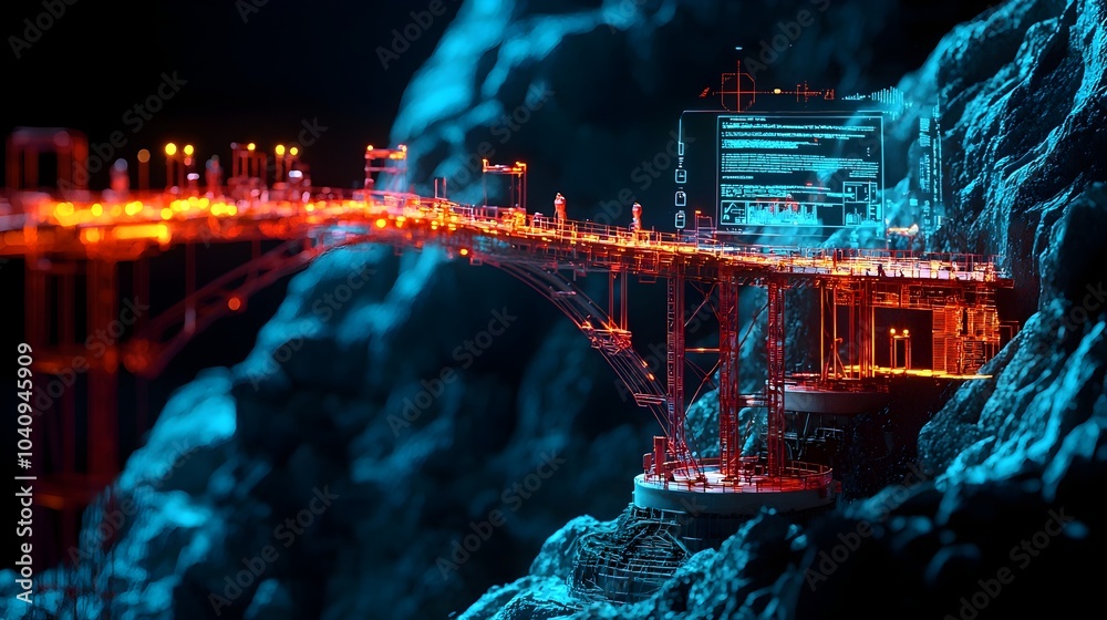 Partially Completed Bridge with Holographic Displays Showcasing Projected Timelines Materials Usage and Real Time Structural Analysis for Efficient Infrastructure Development