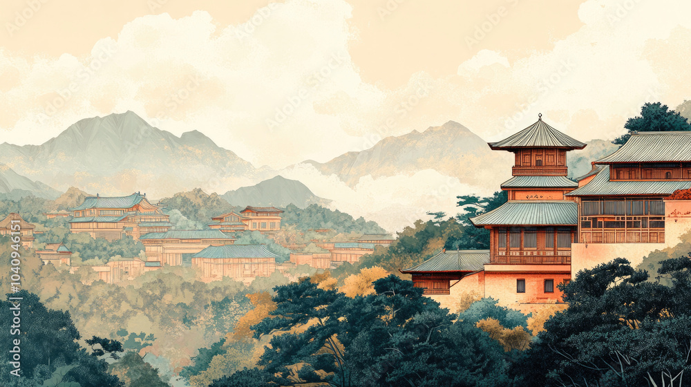 Fototapeta premium Palace architecture in Chinese painting