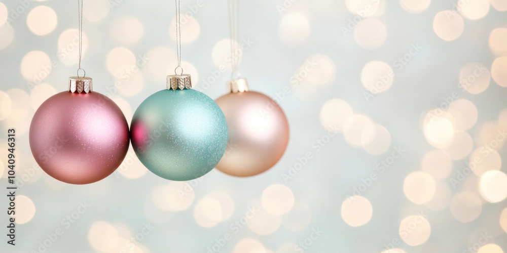 Fototapeta premium Colorful Christmas ornaments hang gracefully against soft, blurred background, creating festive and joyful atmosphere. shimmering decorations evoke spirit of holiday season