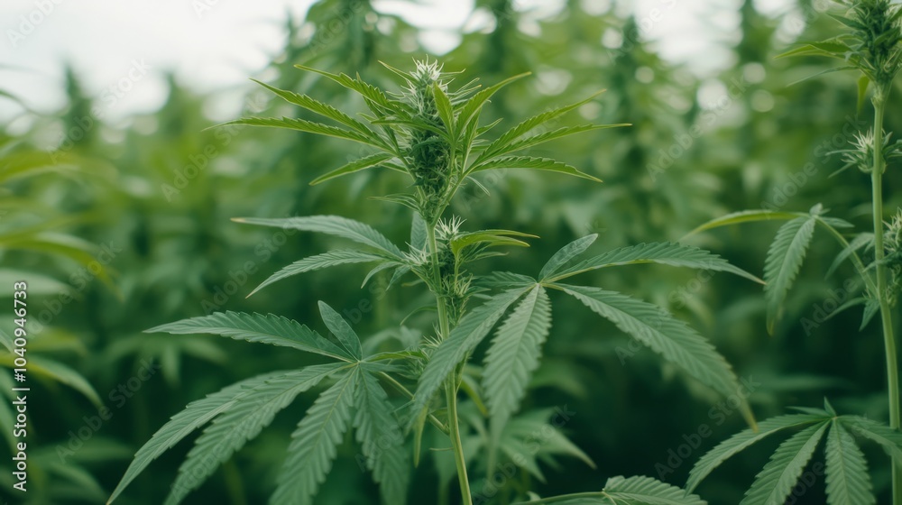 Close-up of a cannabis plant in a field with buds and leaves in focus. Close-up of a cannabis plant in a field with buds and leaves in focus.