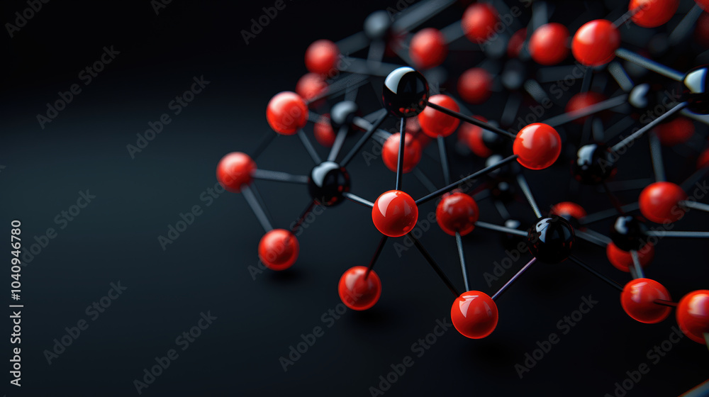 Modern technology is represented through glowing nodes and lines, showcasing network of interconnected elements in striking black and red color scheme. image evokes sense of innovation and