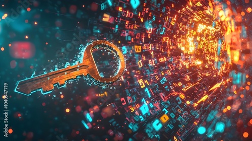 Conceptual depicting a digital key gradually dissolving and blending into a background of binary code symbolizing the concepts of cybersecurity data protection