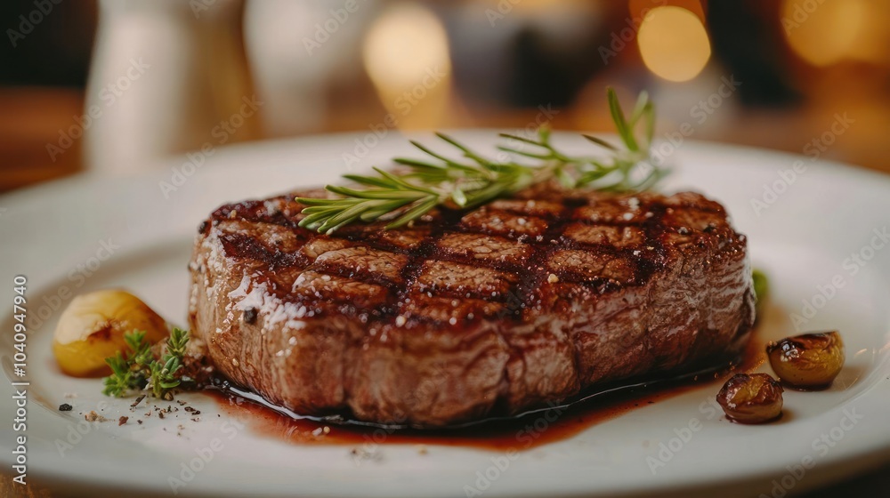 A piece of steak with a sauce on top, served on a white plate. A piece of steak with a sauce on top, served on a white plate.