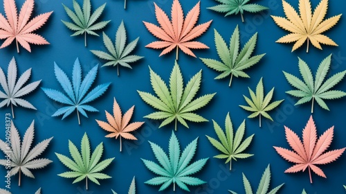 Colorful cannabis leaves arranged in a repeating pattern on a blue background. photo