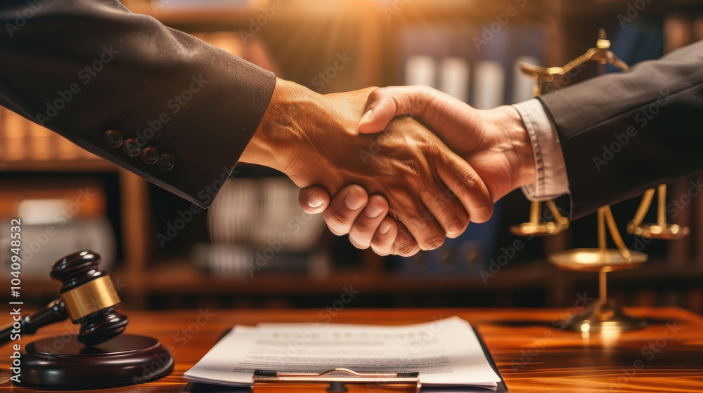 business contract is finalized with firm handshake, symbolizing trust and agreement. gavel and scales of justice in background emphasize legal context of transaction