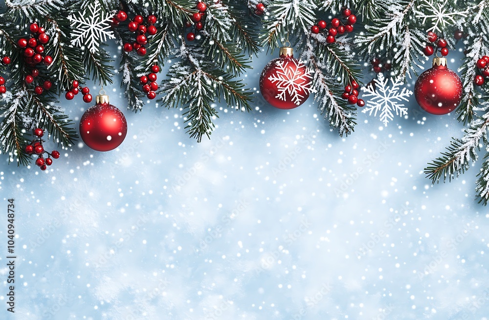 A winter wonderland background with snowflakes, pine branches, and red Christmas ornaments A winter wonderland background with snowflakes, pine branches, and red Christmas ornaments