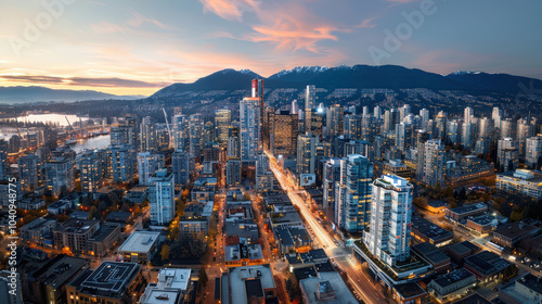 stunning view of high rise skyscrapers dominating skyline of vibrant city at sunset, with mountains in background and city lights beginning to twinkle