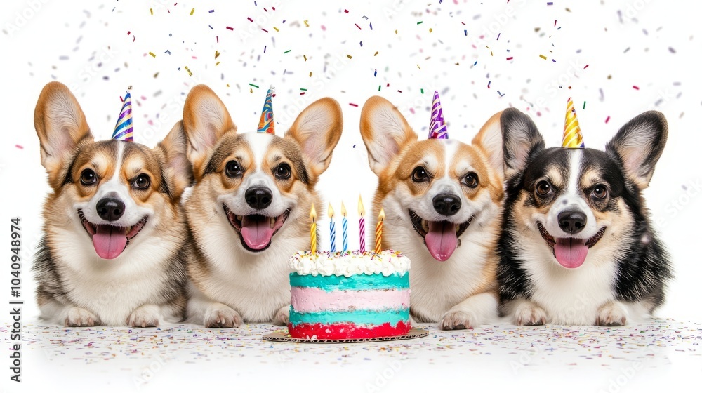 Four corgis wearing party hats smile at a birthday cake with candles, confetti falling around them. Four corgis wearing party hats smile at a birthday cake with candles, confetti falling around them.
