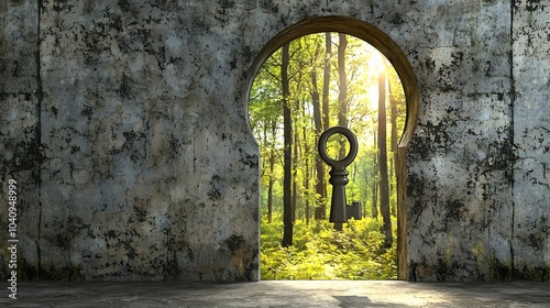 A conceptual and surreal image of a window or portal shaped like a keyhole leading the viewer s gaze into a mystical dreamlike forest landscape beyond photo