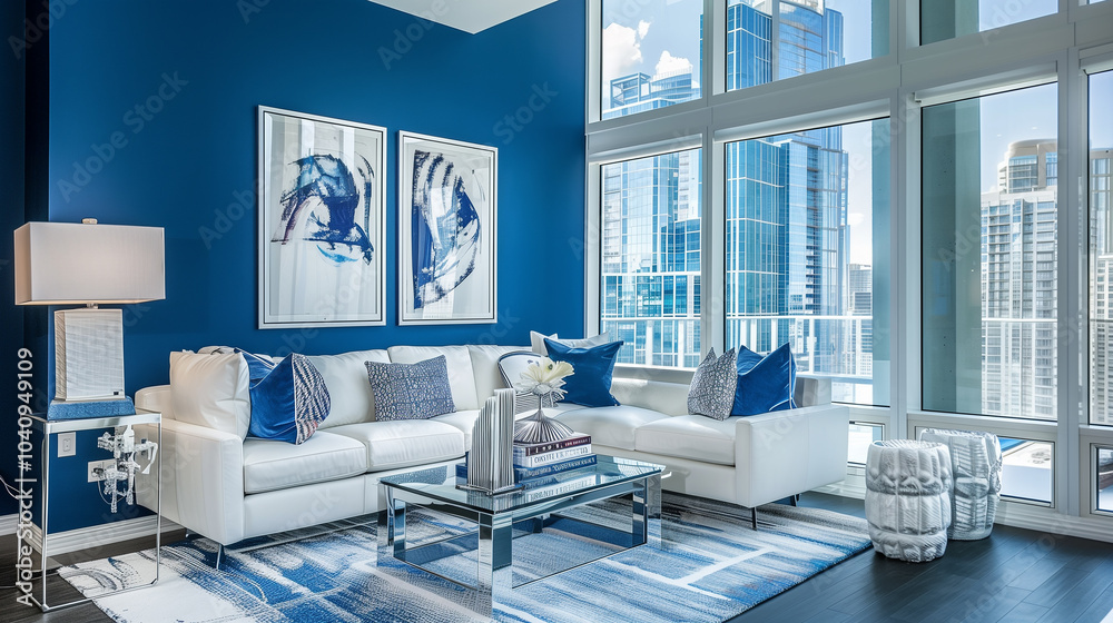 Modern living room with deep blue walls, a white leather sofa, blue throw pillows, and abstract white artwork, all illuminated by natural light from large windows.