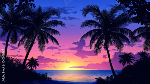 Vector art of palm trees at sunset, with a blue and purple sky, in a simple vector style, as clipart, on a white background