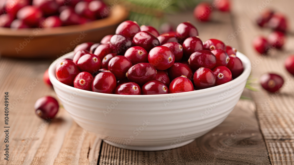 Fresh cranberries in white bowl on wooden table, surrounded by more cranberries. This vibrant display captures essence of holiday season and joy of festive gatherings Fresh cranberries in white bowl on wooden table, surrounded by more cranberries. This vibrant display captures essence of holiday season and joy of festive gatherings