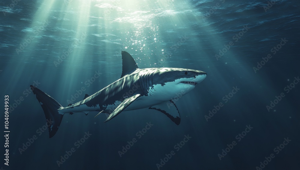 Fototapeta premium A great white shark swims through the ocean with sunlight shining through the water.
