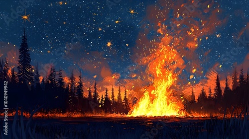 A conceptual image of a crackling campfire under a starry night sky with the flames rising to form mesmerizing constellations in the galaxy above This magical