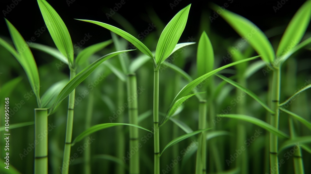 Lush green bamboo shoots reaching up against a black background. Lush green bamboo shoots reaching up against a black background.